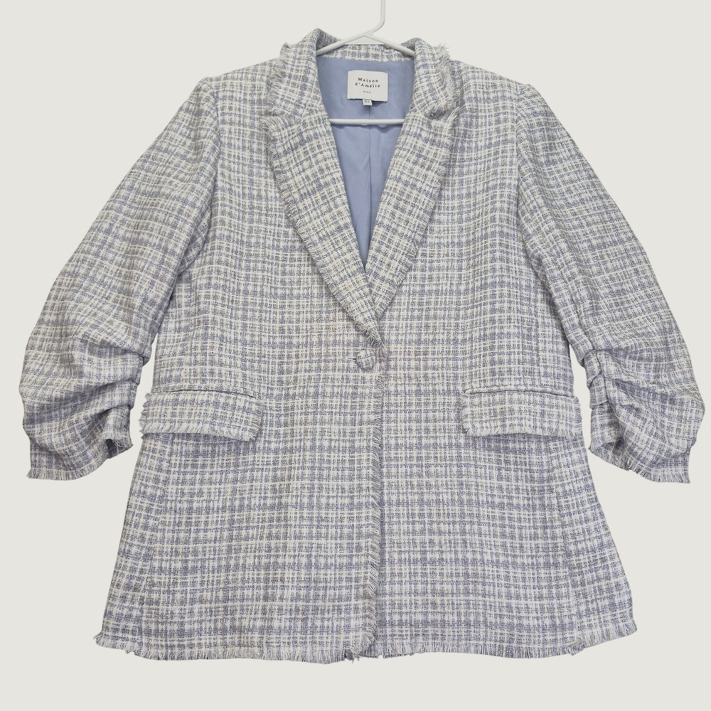 Maison d'Amelie Paris Blue White Tweed Wool Blend Fringe Blazer Jacket Size 12 L
